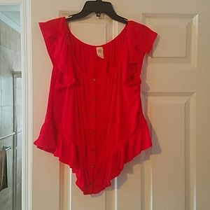 Free People red off the shoulder button down top